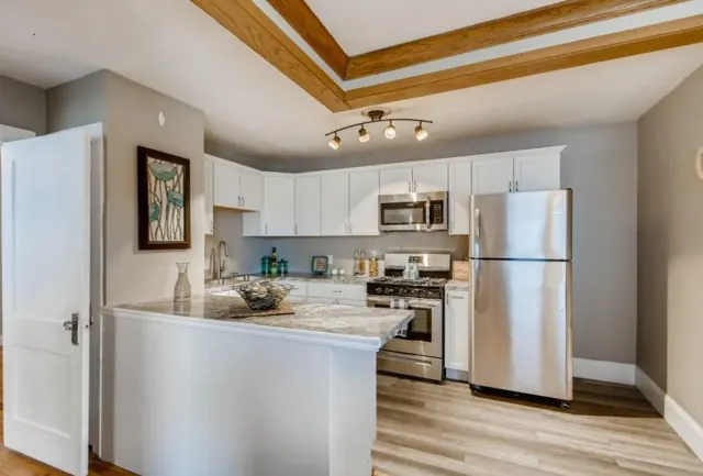 White shaker kitchen with peninsula and stainless appliances, St. Paul, MN